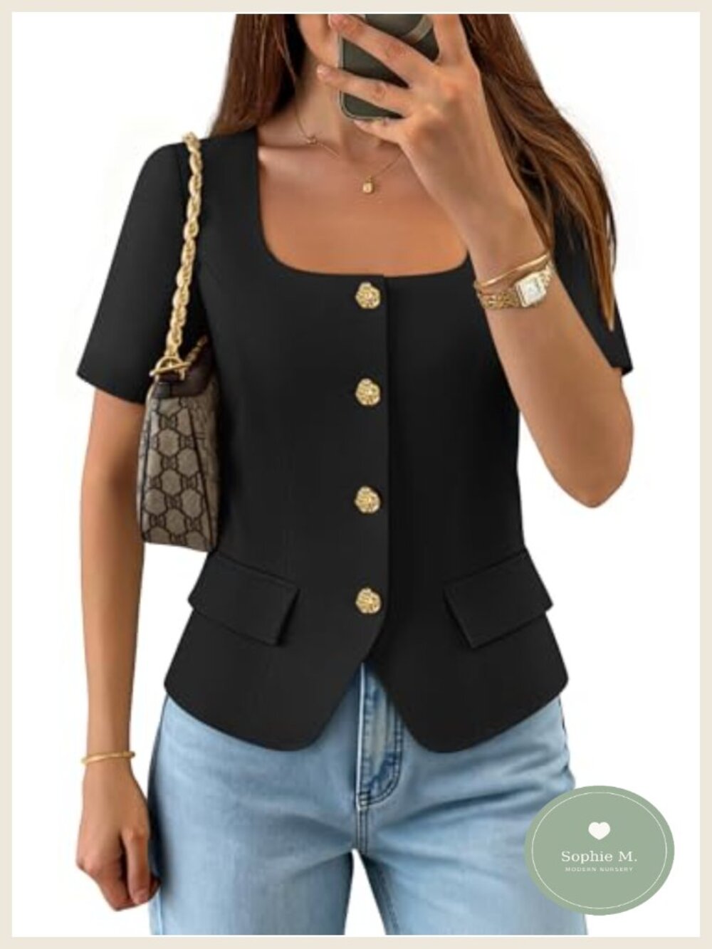 Women's Cropped Square Neck Blazer Vest Top Short Sleeve Work Casual